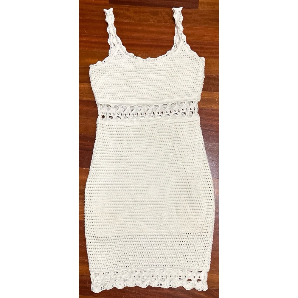 Guess Peek-A-Boo Rib White Crochet Short Summer Dress. Spectacular with a hat.